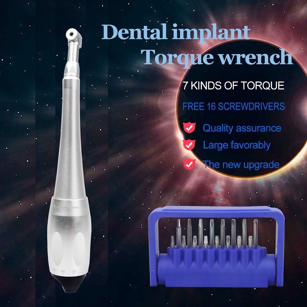 16pcs Dental Implan Ttool Adjustable Universal Implant Torque Wrench 5N-35N Drivers 2.35mm Latch Type Bits Contra Angle
