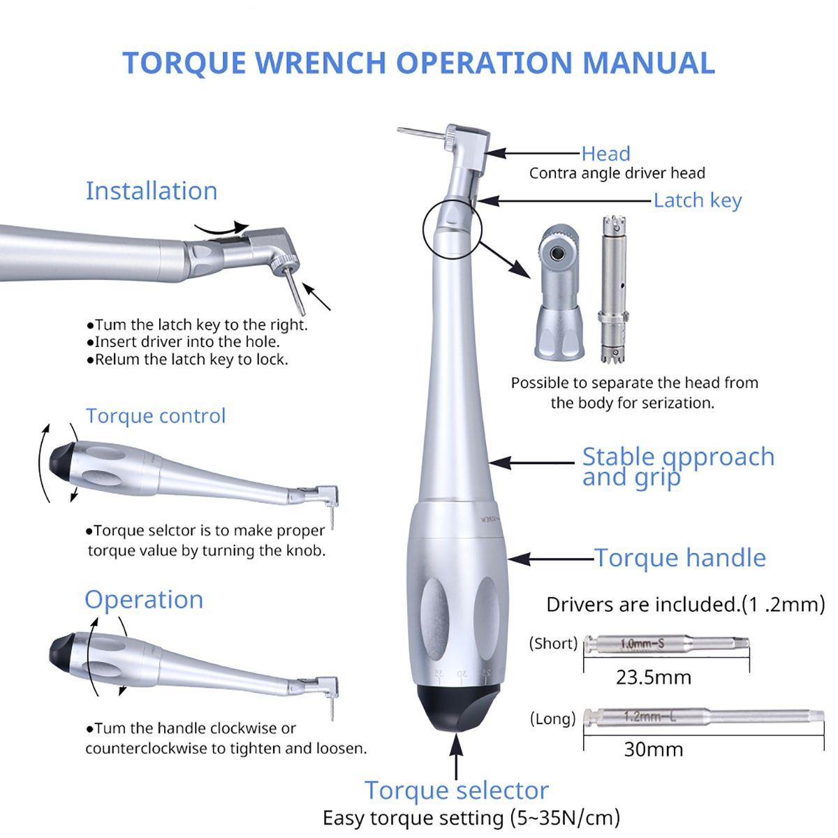 16pcs Dental Implan Ttool Adjustable Universal Implant Torque Wrench 5N-35N Drivers 2.35mm Latch Type Bits Contra Angle
