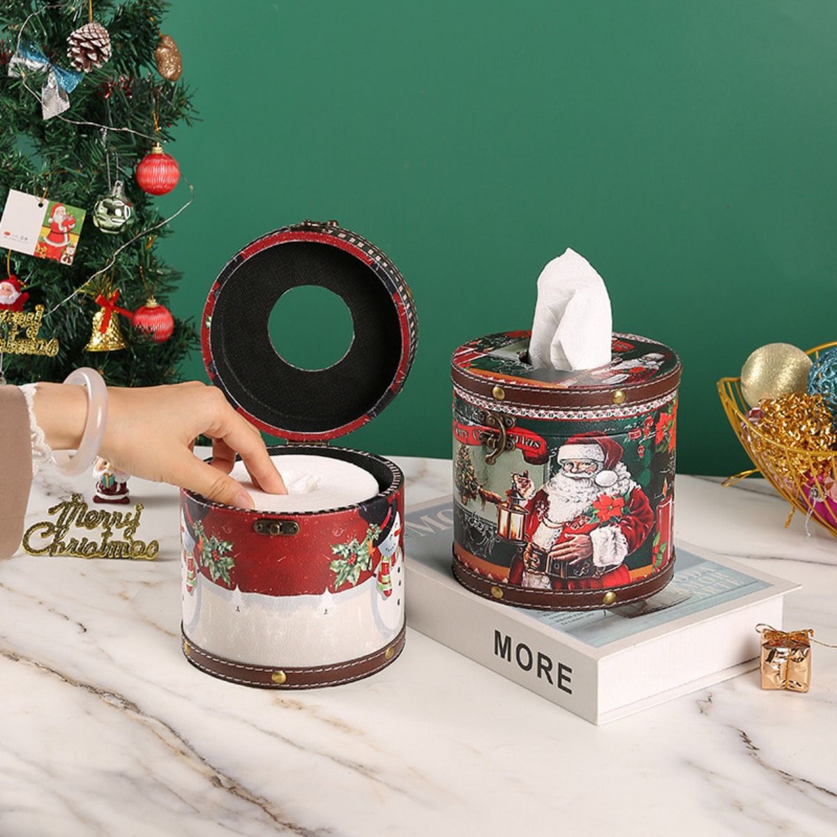 1pc Christmas Theme Wooden Leather Tissue Box Home Living Room Roll Paper Box Store Restaurant Christmas Atmosphere Decorations