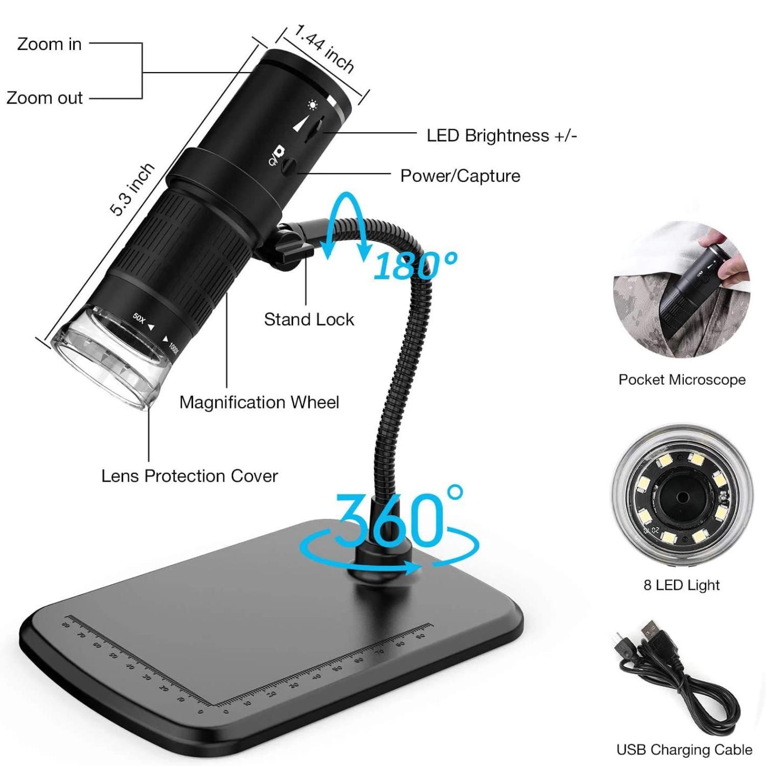 Wireless Digital Microscope Handheld USB HD Inspection Camera 50x-1000x Magnification with Flexible Stand For iPhone iPad PC