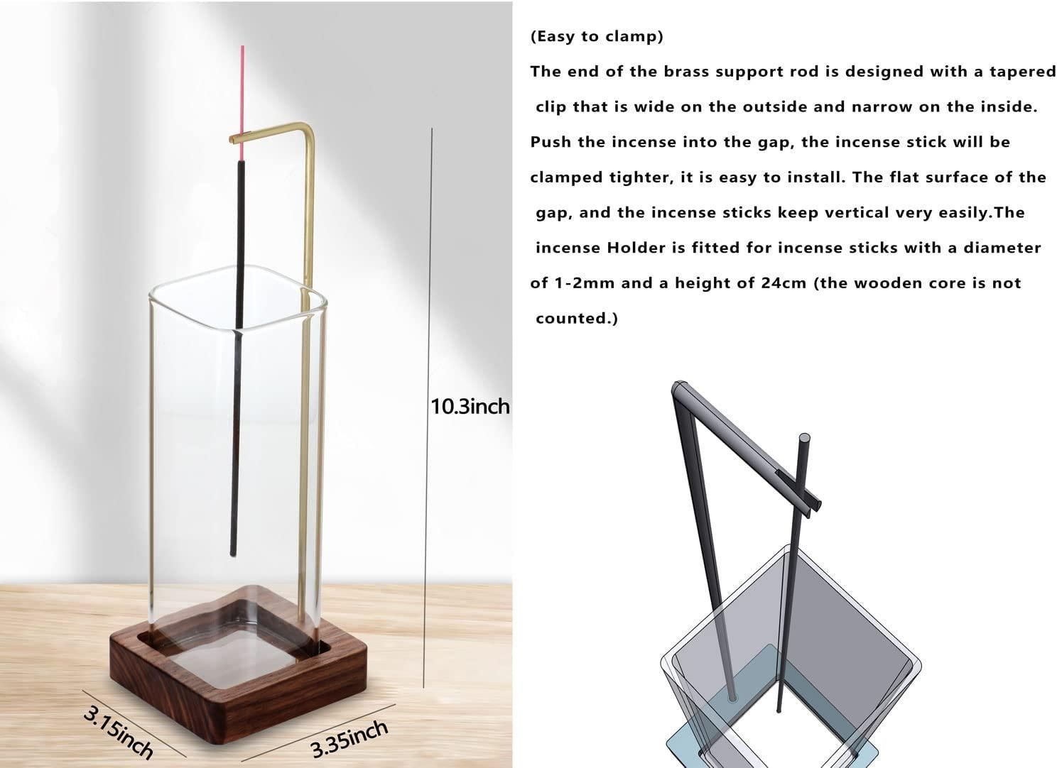 Incense Holder for Sticks【Anti-ash Flying】 Glass Ash Catcher Wooden Incense Burner with Brass Incense Clip