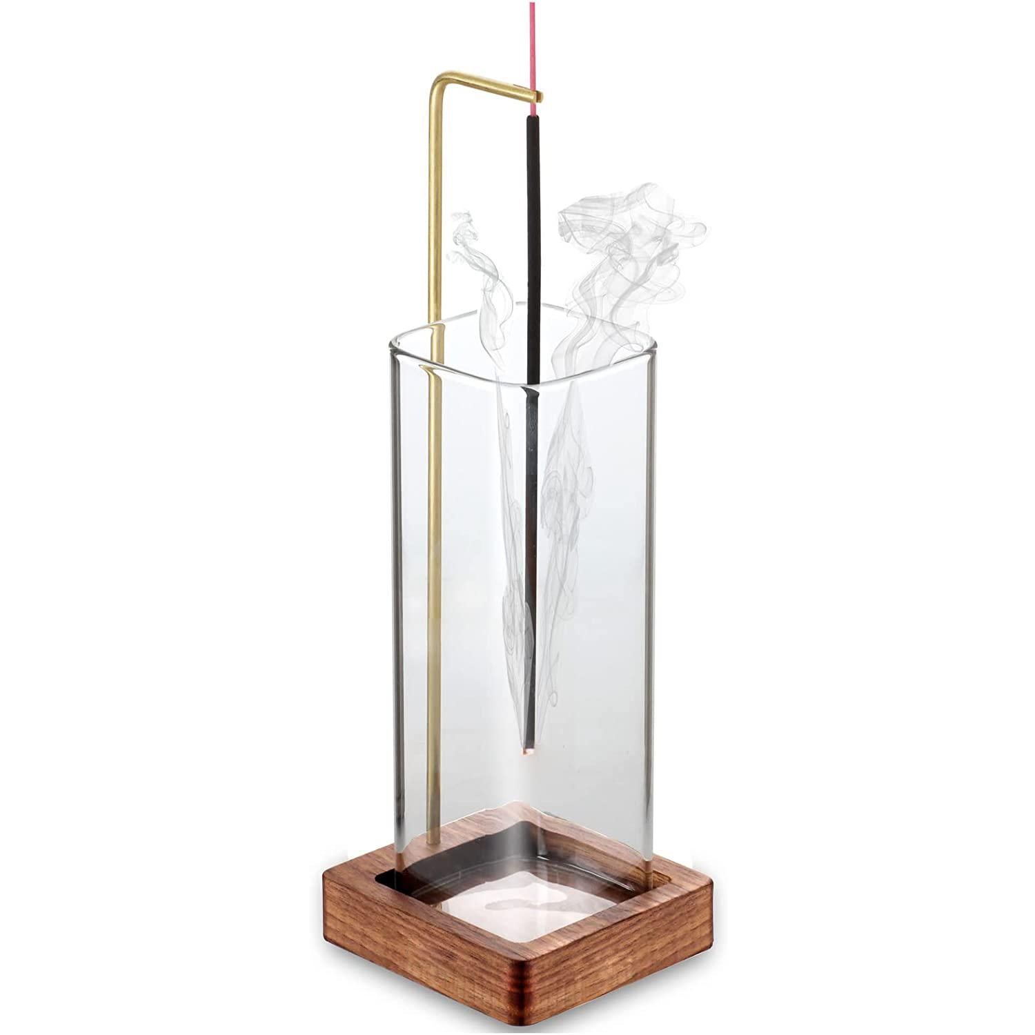 Incense Holder for Sticks【Anti-ash Flying】 Glass Ash Catcher Wooden Incense Burner with Brass Incense Clip