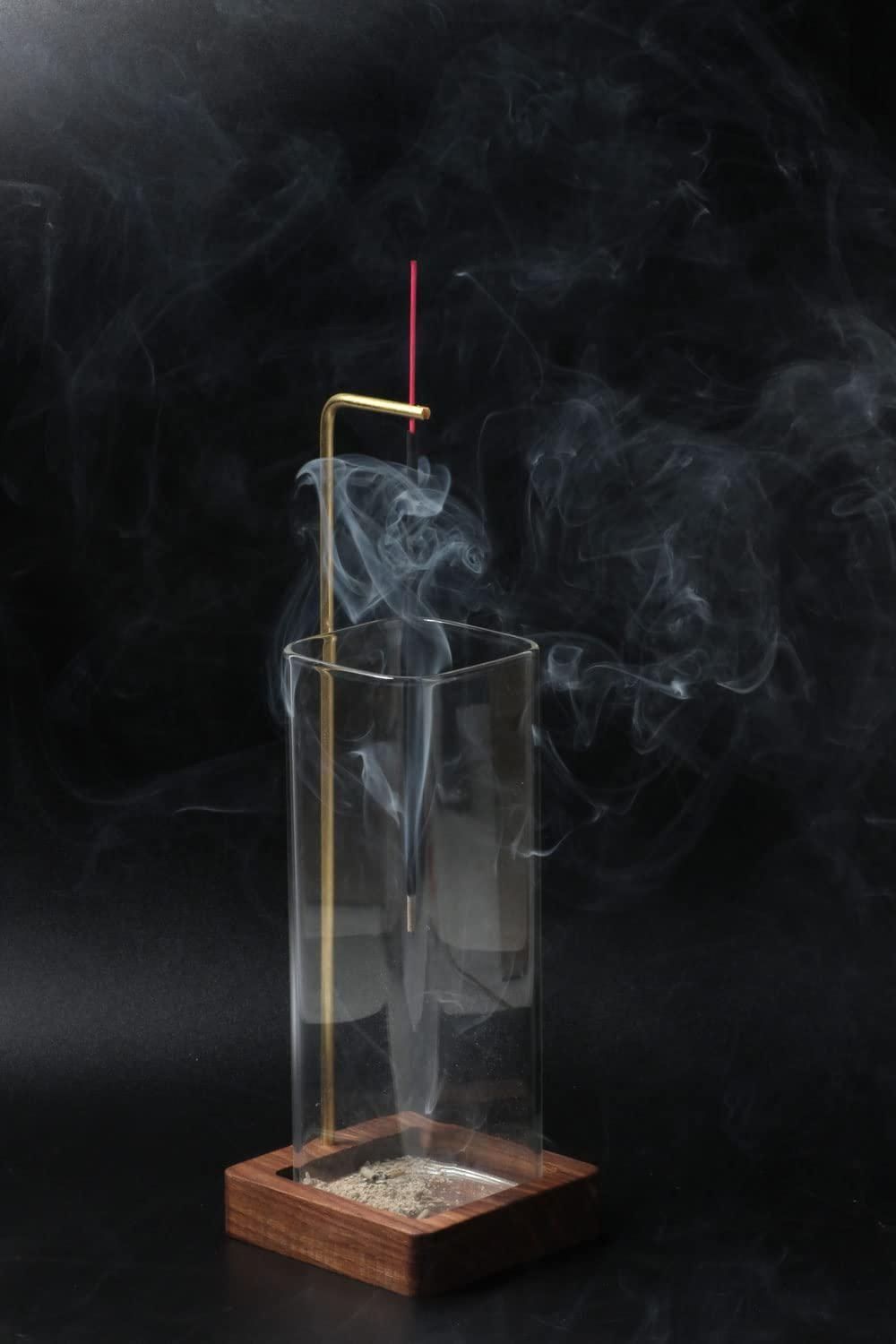 Incense Holder for Sticks【Anti-ash Flying】 Glass Ash Catcher Wooden Incense Burner with Brass Incense Clip