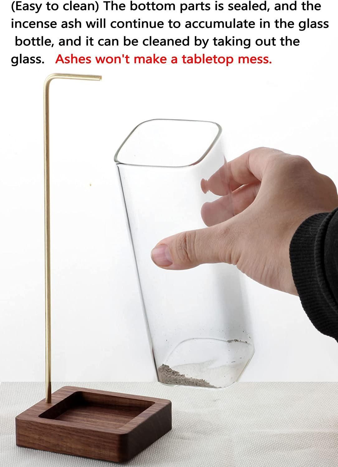 Incense Holder for Sticks【Anti-ash Flying】 Glass Ash Catcher Wooden Incense Burner with Brass Incense Clip