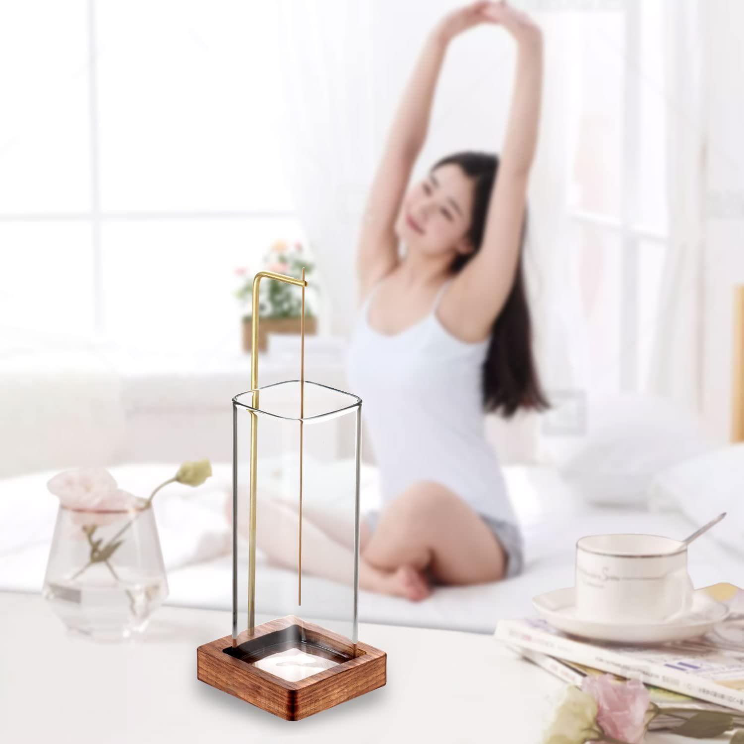 Incense Holder for Sticks【Anti-ash Flying】 Glass Ash Catcher Wooden Incense Burner with Brass Incense Clip