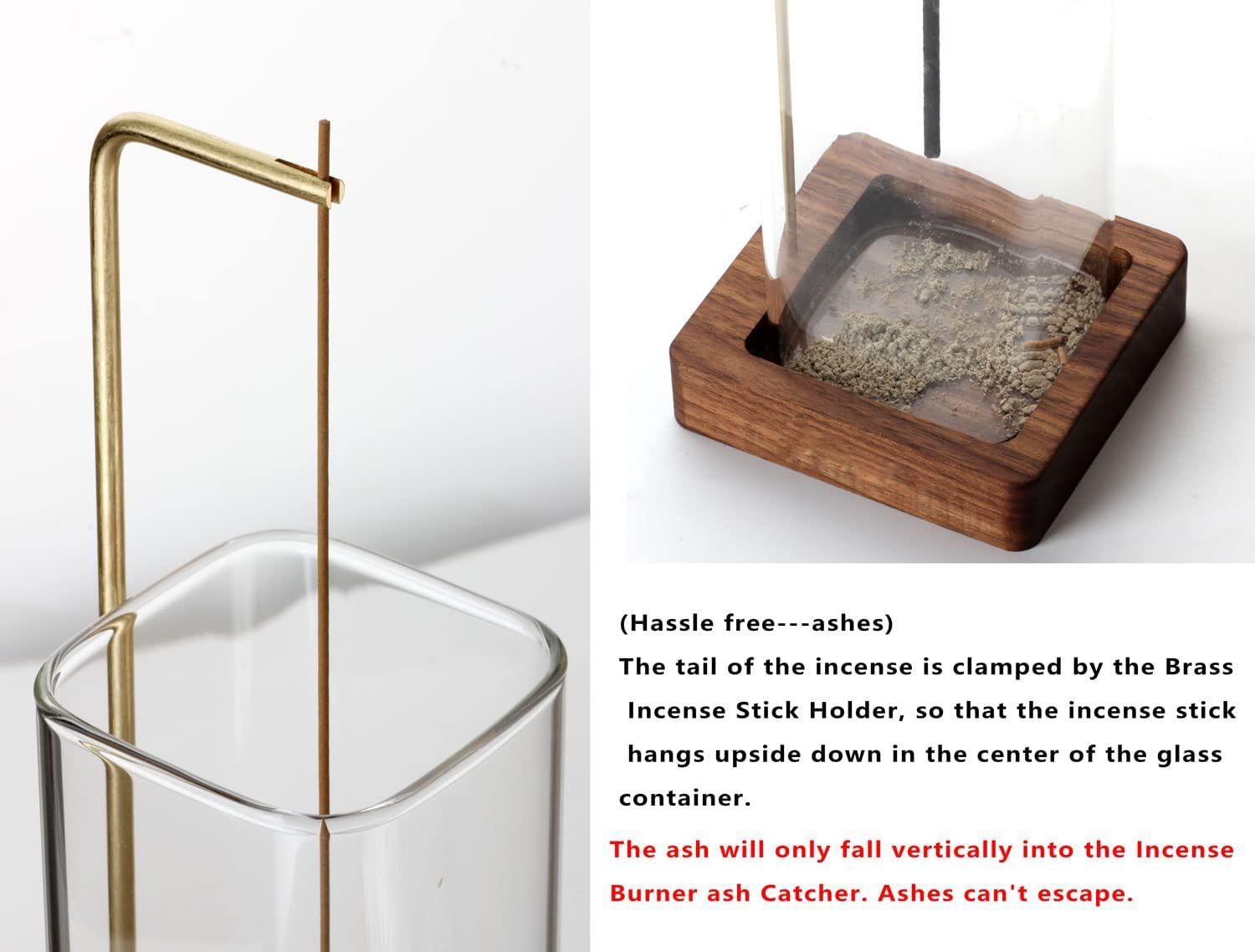 Incense Holder for Sticks【Anti-ash Flying】 Glass Ash Catcher Wooden Incense Burner with Brass Incense Clip