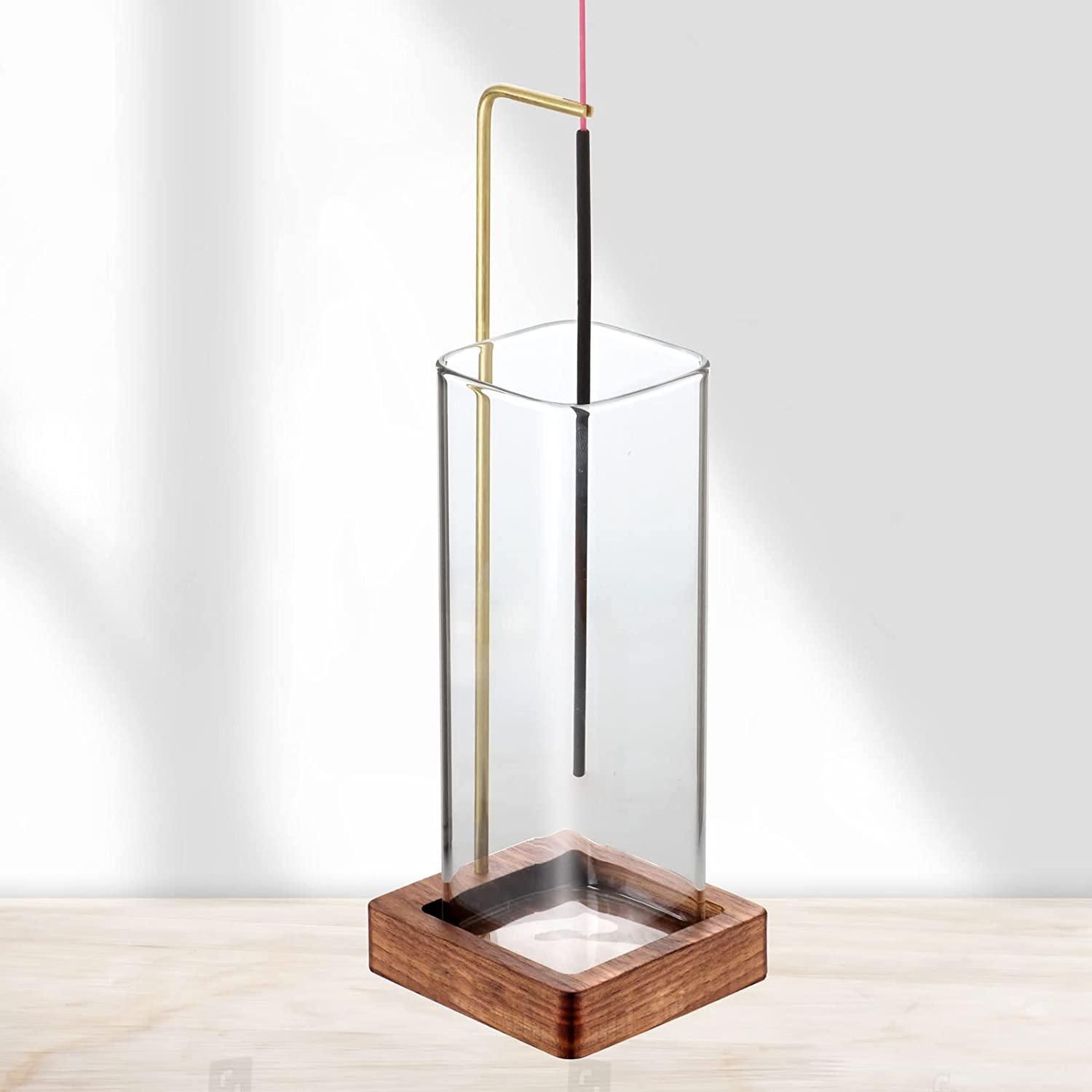 Incense Holder for Sticks【Anti-ash Flying】 Glass Ash Catcher Wooden Incense Burner with Brass Incense Clip