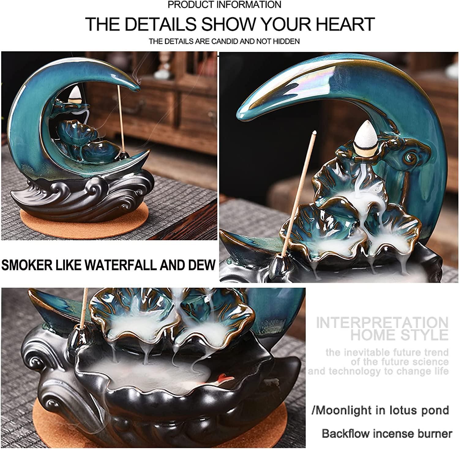 New Moon Backflow Incense Holder Waterfall Incense Burner Ceramic Hand-Made Incense Fountain Burner with 100 Backflow Incense Cones Fragrance Incense Stick mat Aromatherapy Home Decoration