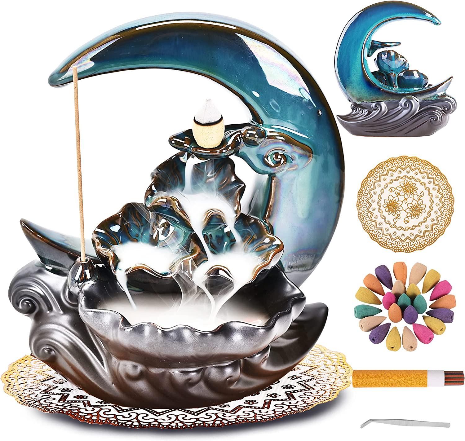 New Moon Backflow Incense Holder Waterfall Incense Burner Ceramic Hand-Made Incense Fountain Burner with 100 Backflow Incense Cones Fragrance Incense Stick mat Aromatherapy Home Decoration