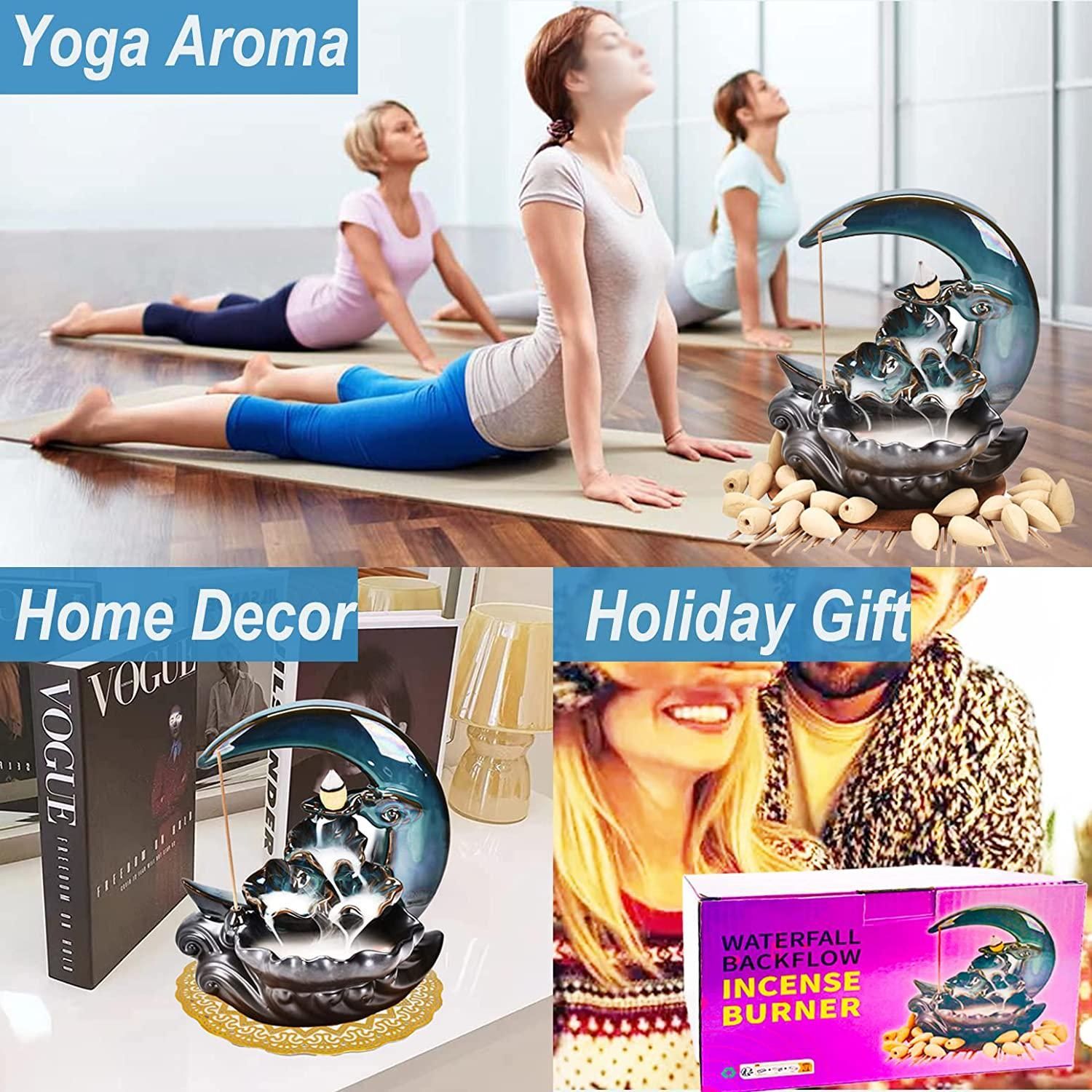 New Moon Backflow Incense Holder Waterfall Incense Burner Ceramic Hand-Made Incense Fountain Burner with 100 Backflow Incense Cones Fragrance Incense Stick mat Aromatherapy Home Decoration