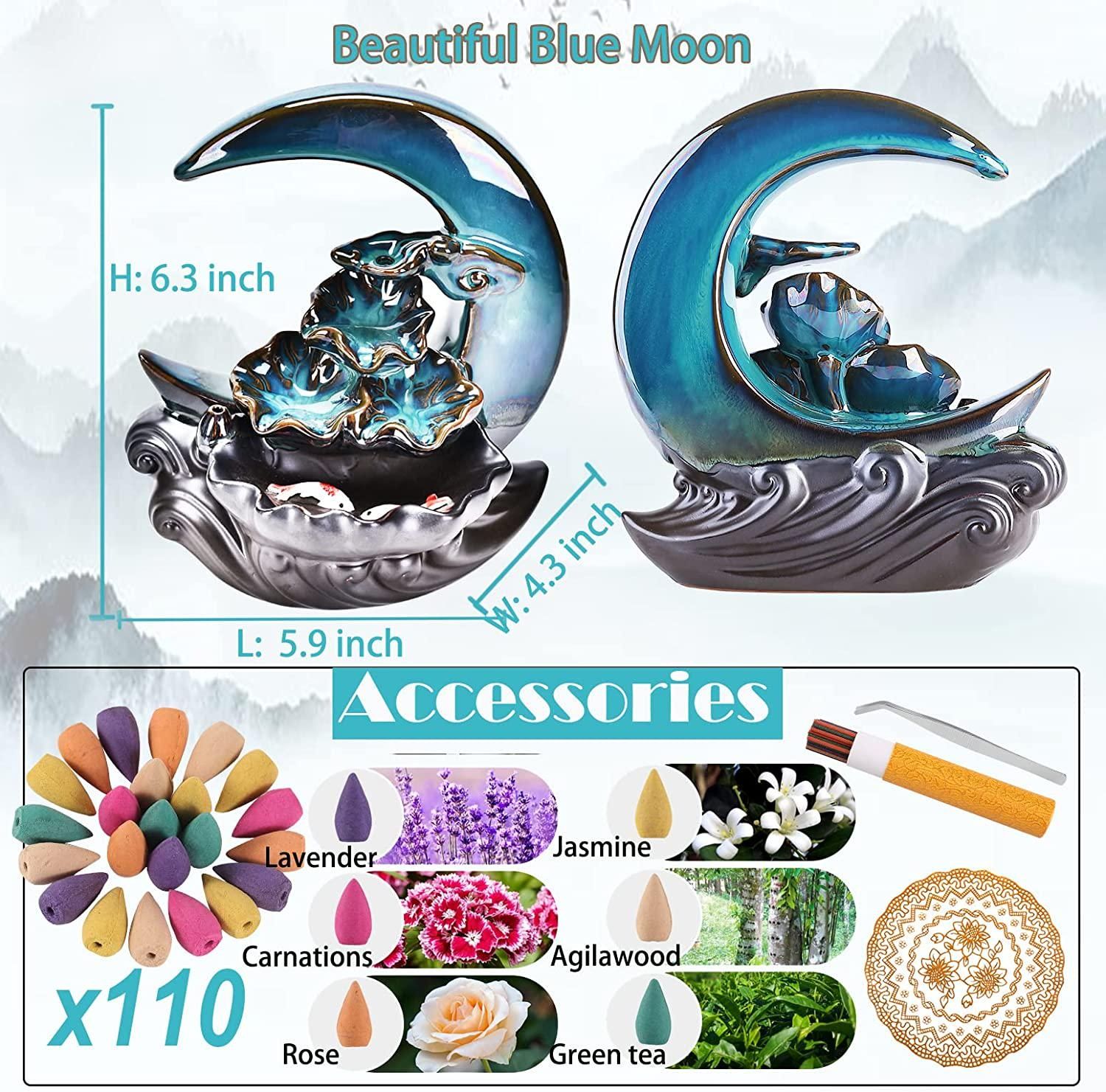 New Moon Backflow Incense Holder Waterfall Incense Burner Ceramic Hand-Made Incense Fountain Burner with 100 Backflow Incense Cones Fragrance Incense Stick mat Aromatherapy Home Decoration