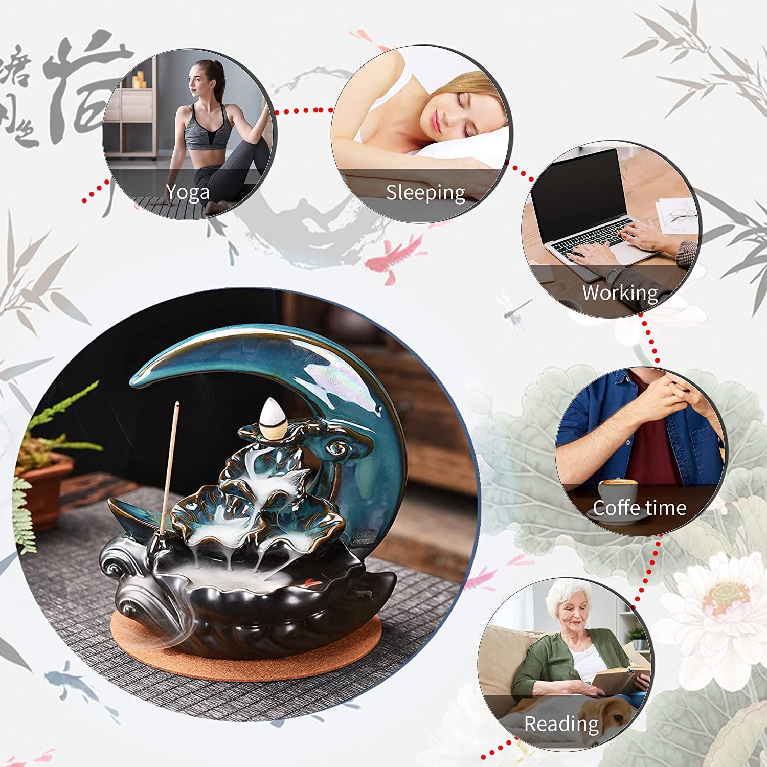 New Moon Backflow Incense Holder Waterfall Incense Burner Ceramic Hand-Made Incense Fountain Burner with 100 Backflow Incense Cones Fragrance Incense Stick mat Aromatherapy Home Decoration