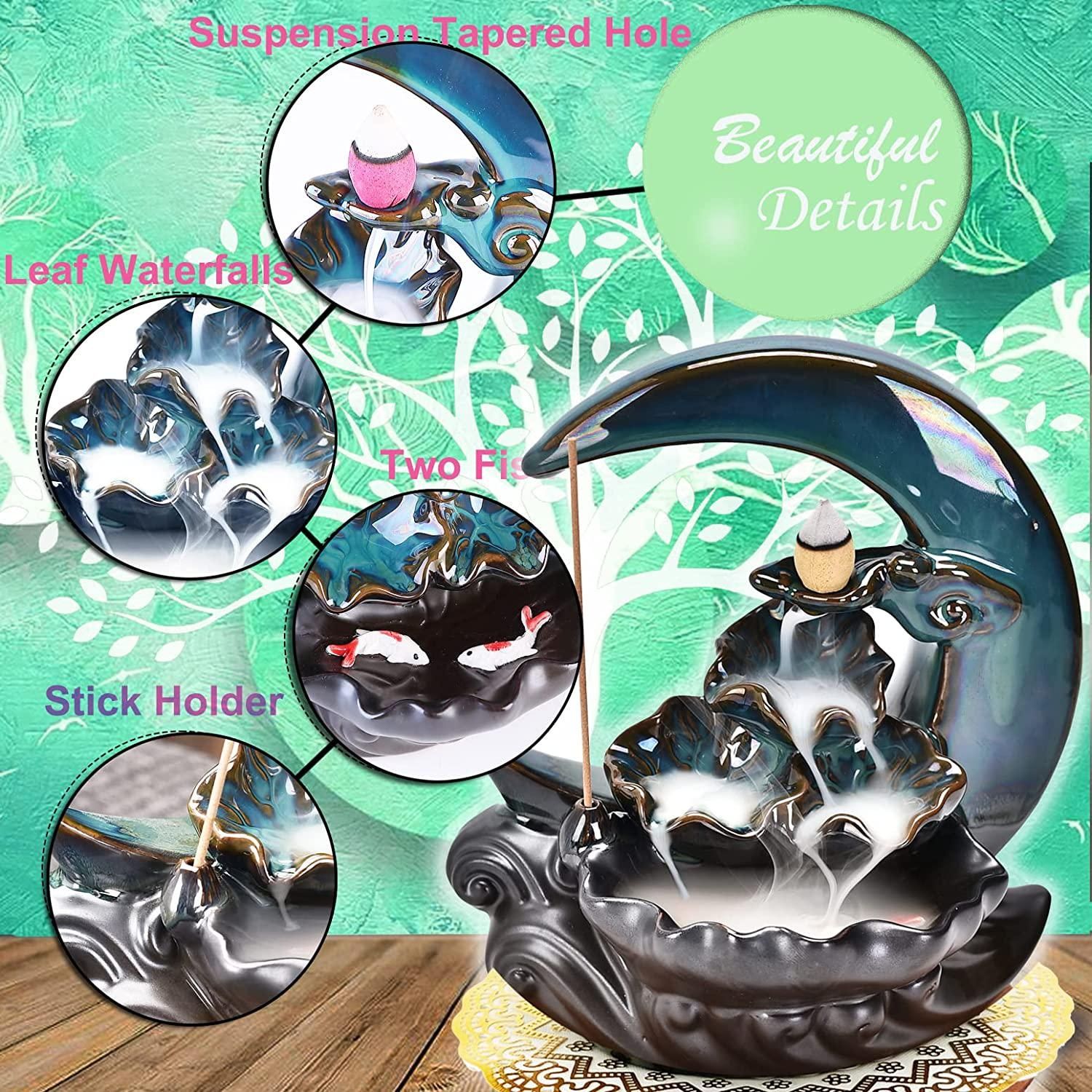 New Moon Backflow Incense Holder Waterfall Incense Burner Ceramic Hand-Made Incense Fountain Burner with 100 Backflow Incense Cones Fragrance Incense Stick mat Aromatherapy Home Decoration