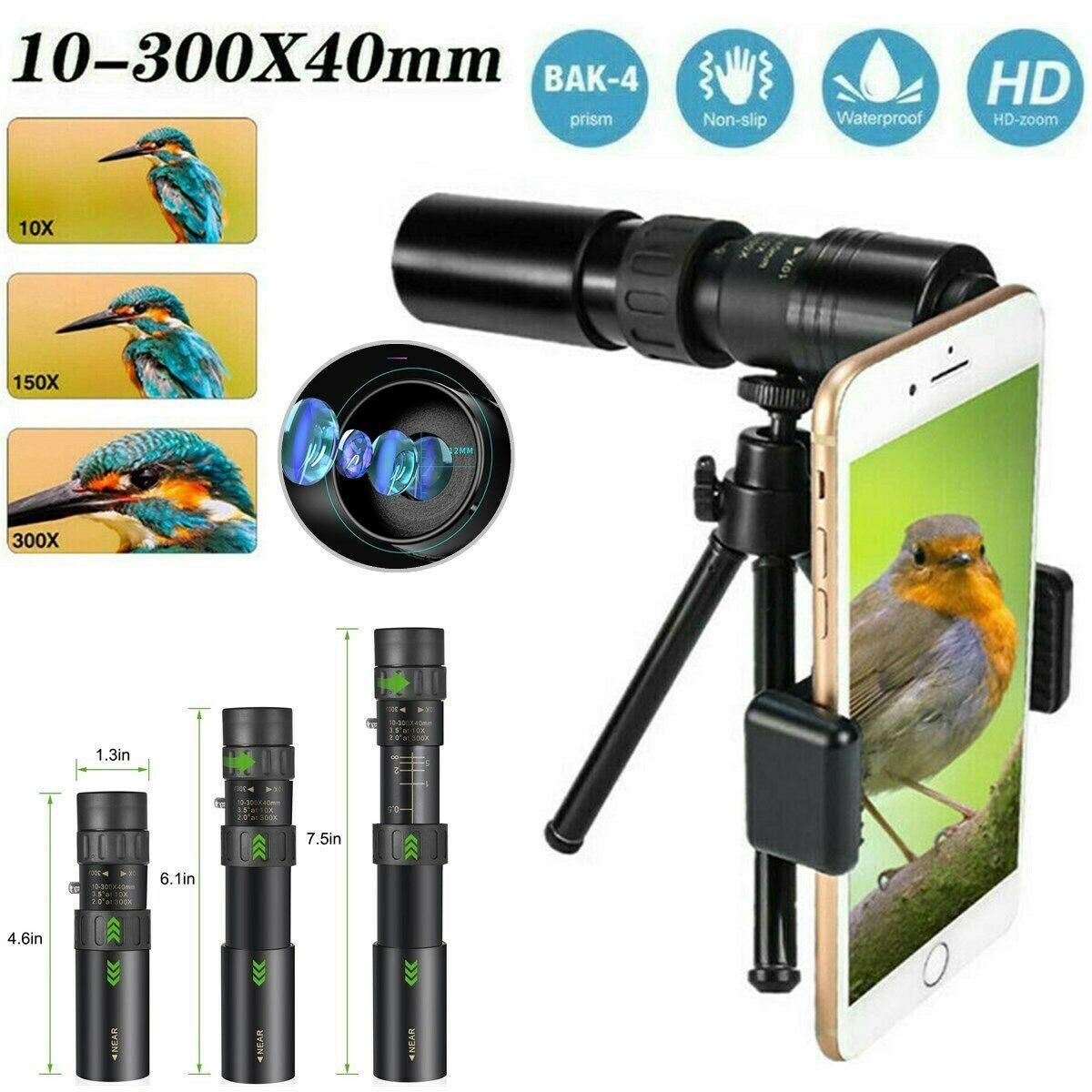 4K 10-300X40mm Super Telephoto Zoom Portable Monocular Telescope w/Tripod + Clip