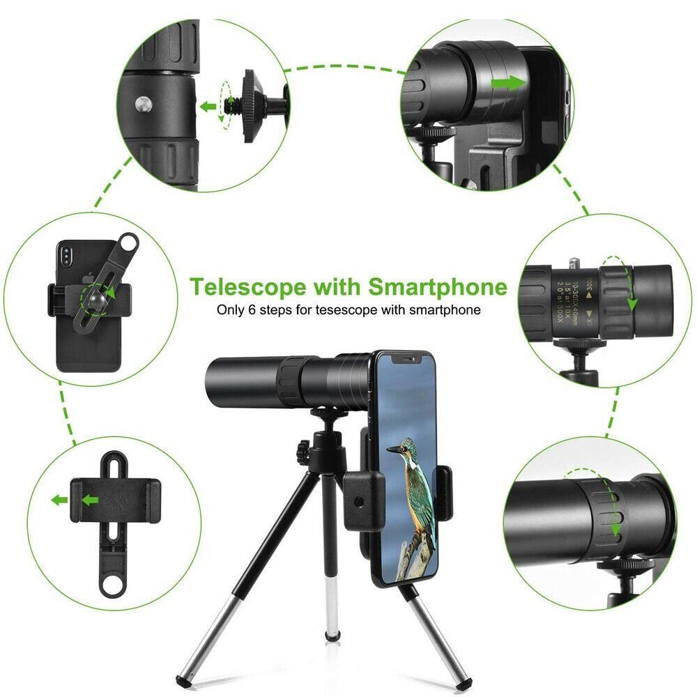 4K 10-300X40mm Super Telephoto Zoom Portable Monocular Telescope w/Tripod + Clip