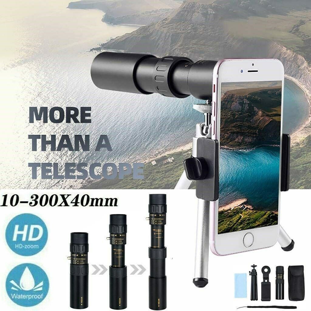 4K 10-300X40mm Super Telephoto Zoom Portable Monocular Telescope w/Tripod + Clip