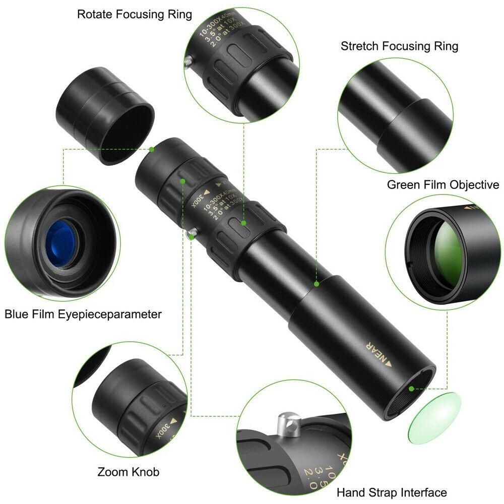 4K 10-300X40mm Super Telephoto Zoom Portable Monocular Telescope w/Tripod + Clip