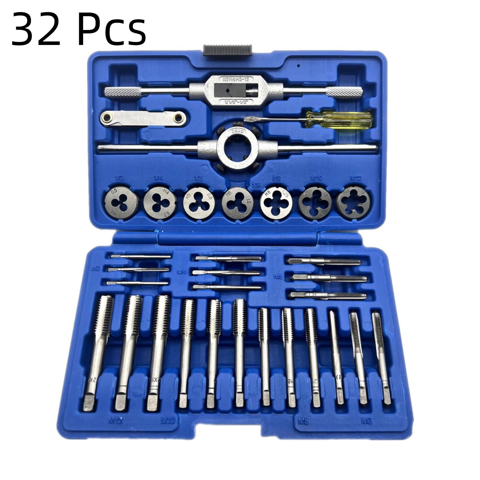 32PCS HSS Tap Die Set Metric Wrench Cut M3-M12 Hand Threading Tool Tungsten Carbide Tap Die Screw Thread Making Tool Bit Set