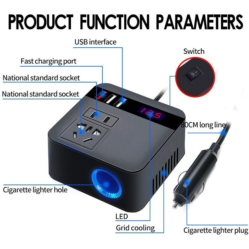 Car Inverter 12V/24V DC To 110V/220V AC Cigarette Lighter Power Supply Inverter Adapter with QC 3.0 USB Charger Fast Charging