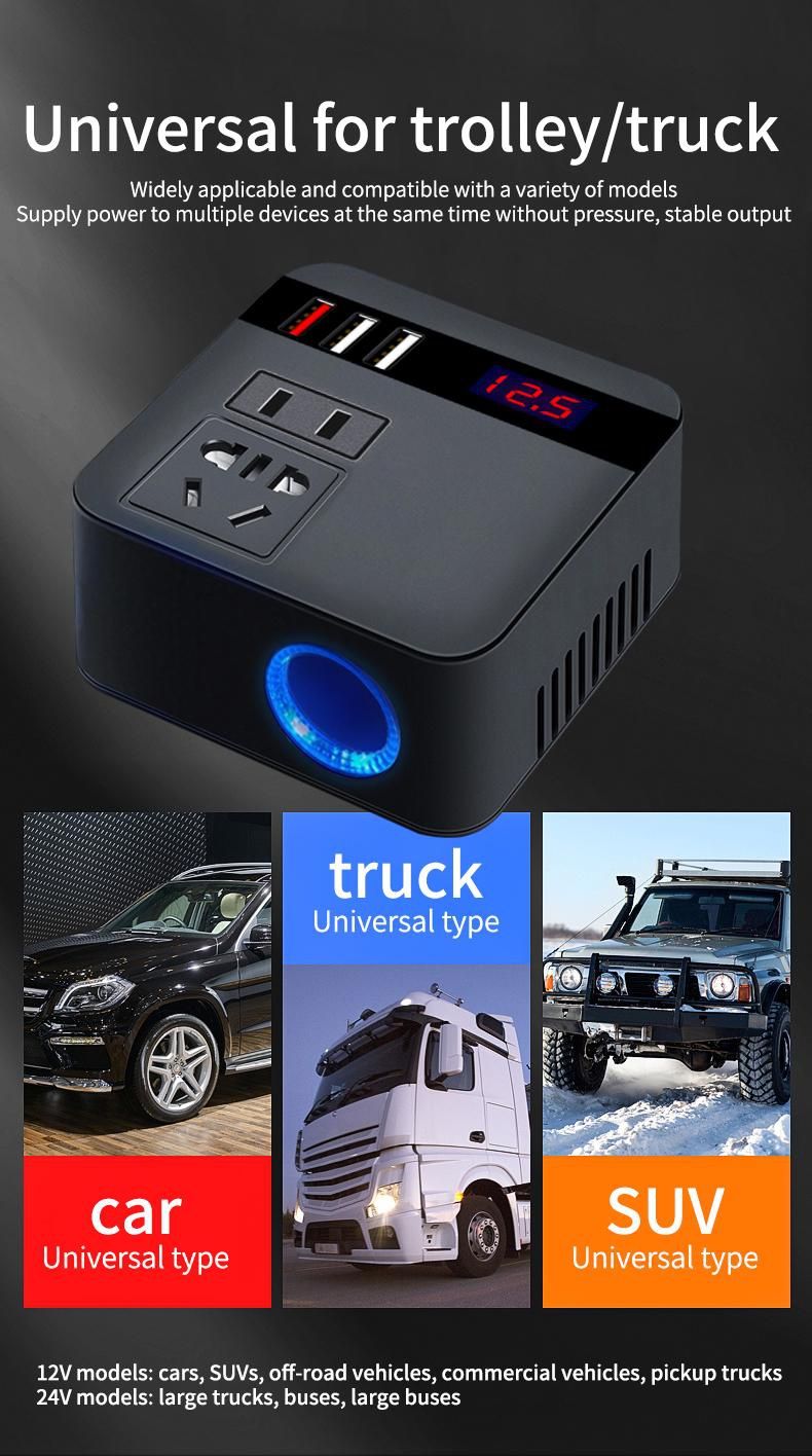 Car Inverter 12V/24V DC To 110V/220V AC Cigarette Lighter Power Supply Inverter Adapter with QC 3.0 USB Charger Fast Charging