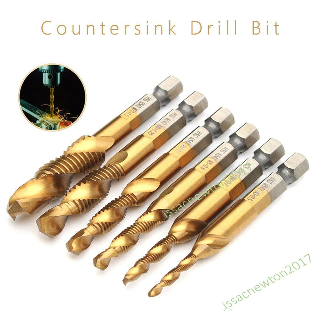 6PCS Hex Shank Titanium Plated Screw Thread Drill Bits Set Compound Tap M3 - M10