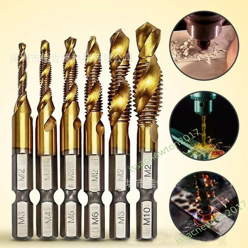 6PCS Hex Shank Titanium Plated Screw Thread Drill Bits Set Compound Tap M3 - M10