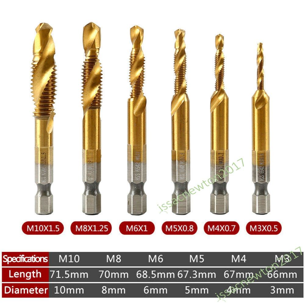 6PCS Hex Shank Titanium Plated Screw Thread Drill Bits Set Compound Tap M3 - M10