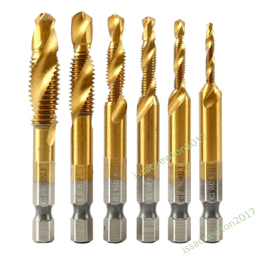 6PCS Hex Shank Titanium Plated Screw Thread Drill Bits Set Compound Tap M3 - M10