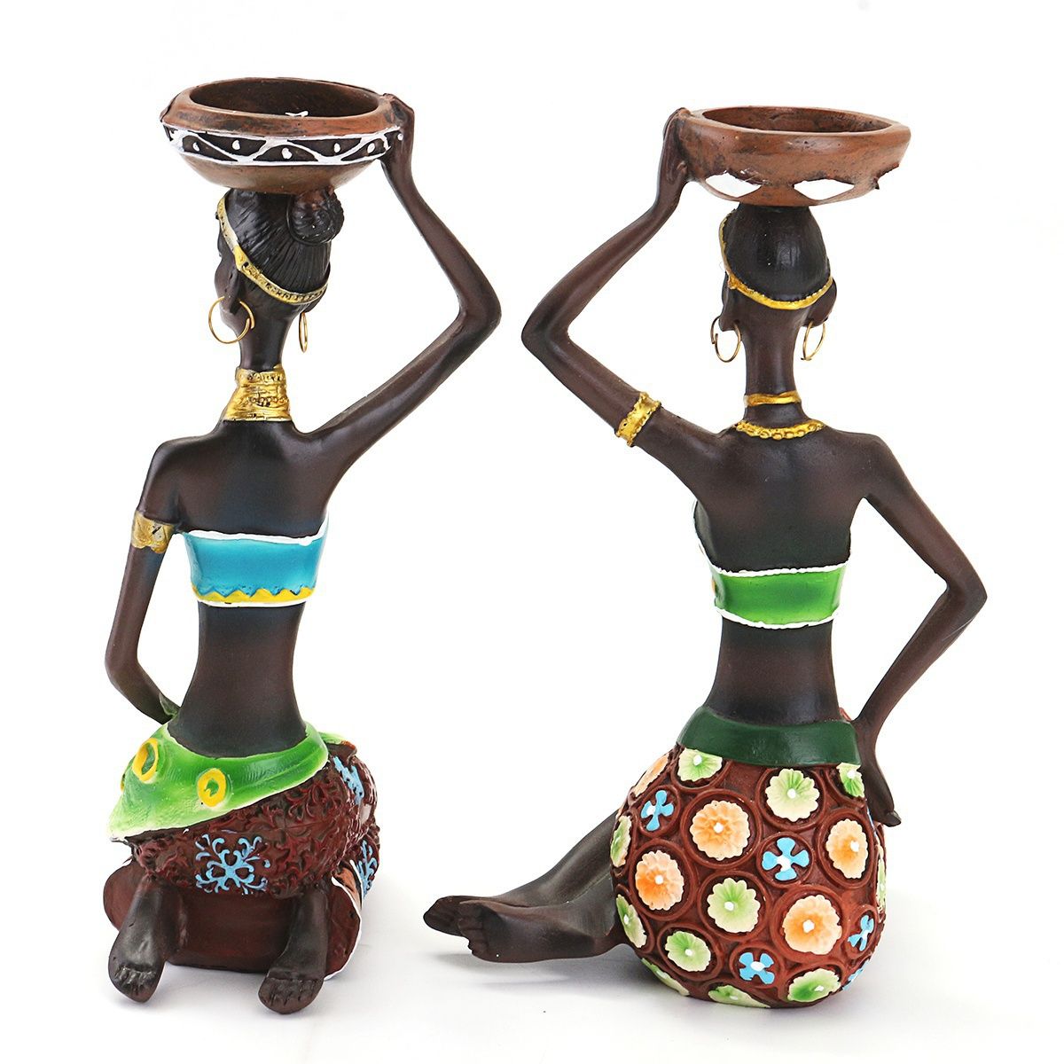 2PCS/Set Statue African Figurine Women Figure Girls Tribal Lady Candlestick Collectible Art Piece African Decor African Decorations for Home Black Figurines Vintage Gift Handmade Doll Candle Holder