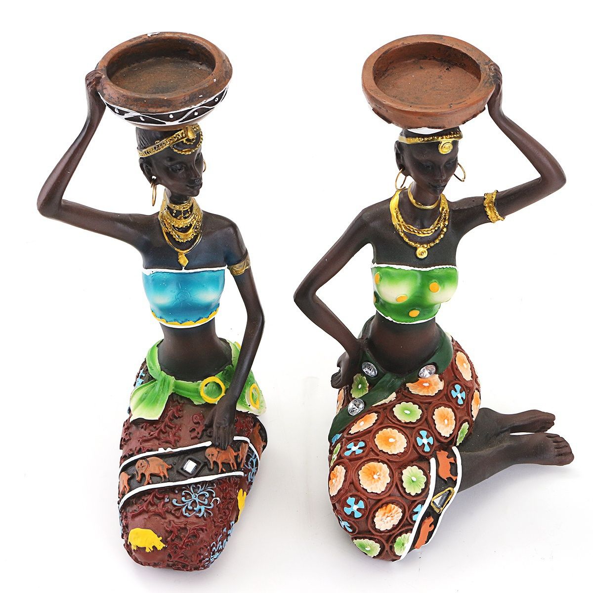 2PCS/Set Statue African Figurine Women Figure Girls Tribal Lady Candlestick Collectible Art Piece African Decor African Decorations for Home Black Figurines Vintage Gift Handmade Doll Candle Holder