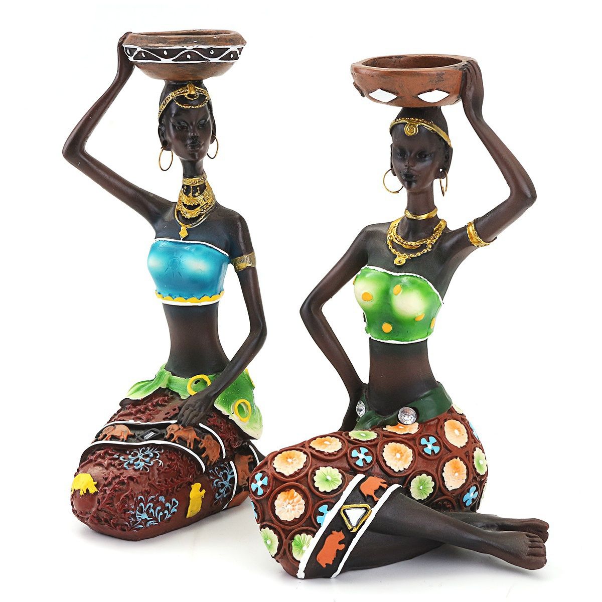 2PCS/Set Statue African Figurine Women Figure Girls Tribal Lady Candlestick Collectible Art Piece African Decor African Decorations for Home Black Figurines Vintage Gift Handmade Doll Candle Holder