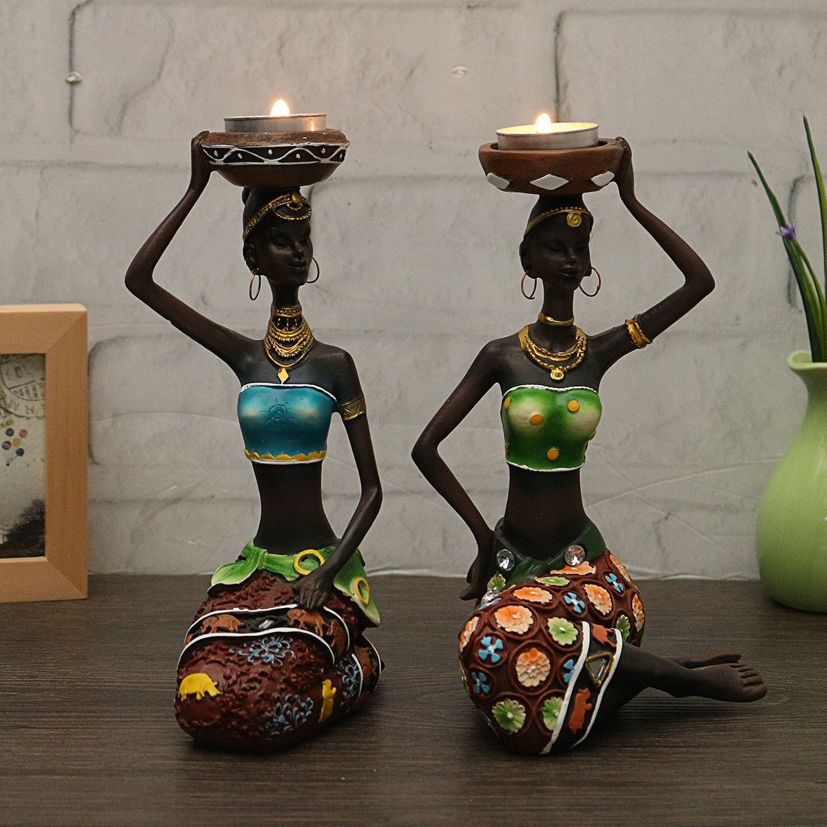 2PCS/Set Statue African Figurine Women Figure Girls Tribal Lady Candlestick Collectible Art Piece African Decor African Decorations for Home Black Figurines Vintage Gift Handmade Doll Candle Holder
