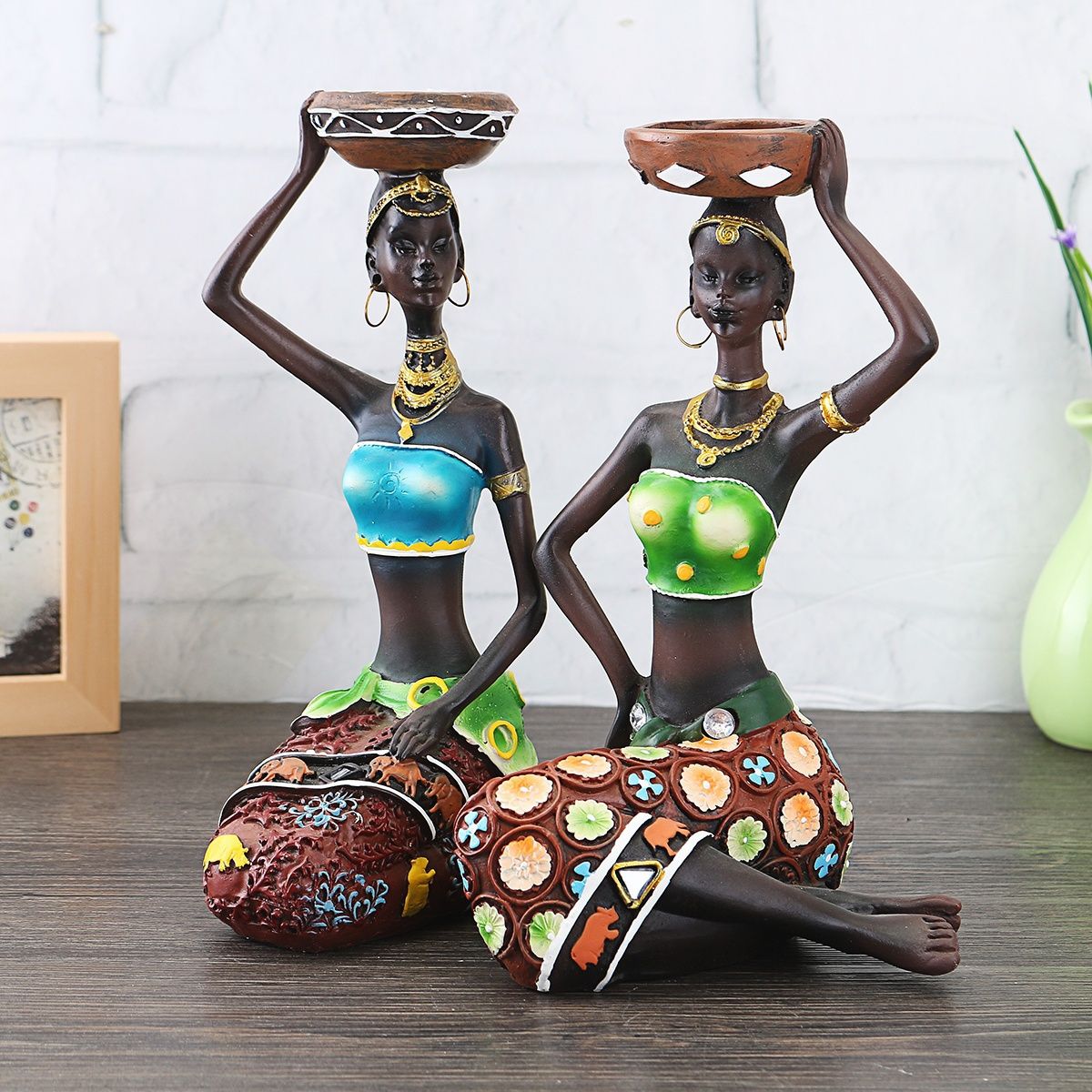 2PCS/Set Statue African Figurine Women Figure Girls Tribal Lady Candlestick Collectible Art Piece African Decor African Decorations for Home Black Figurines Vintage Gift Handmade Doll Candle Holder
