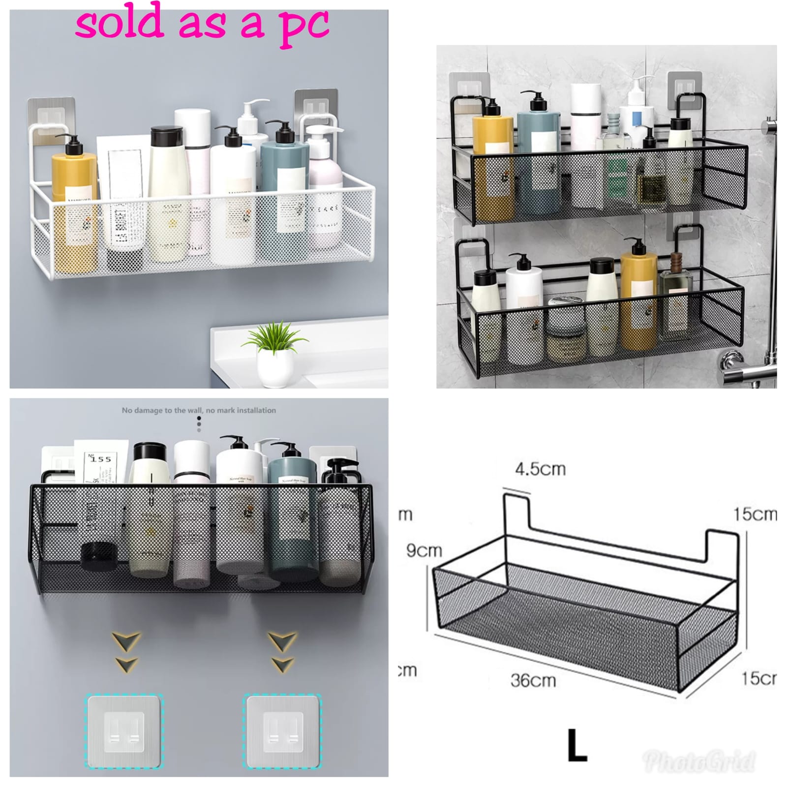 Wall-mounted Bathroom Shelf Shower Shampoo Rack 
Toilet Accessories Kitchen Free Punch Condiment Storage Basket.Available in white and black*