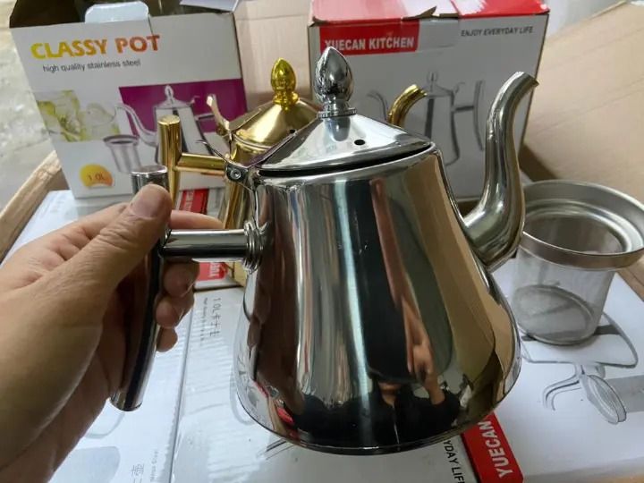 kitchen teapot with filter coffee pot thick stainless steel teapot with infusion set, very suitable for ADT flowers, stove coffee pot, safe Capacity-2 liters hotel rest Available in gold and silver .
