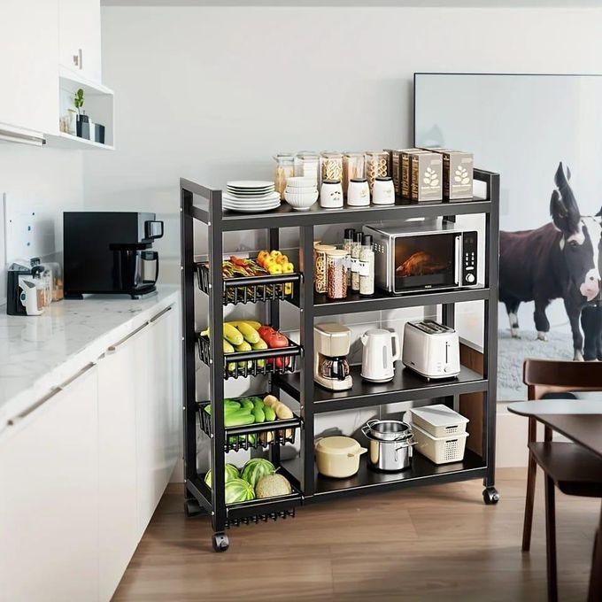 Multifunctional Strong metallic Kitchen rack with movable & lockable wheels, Dimensions: 90×32*135cm (L X W X H), Multicolor