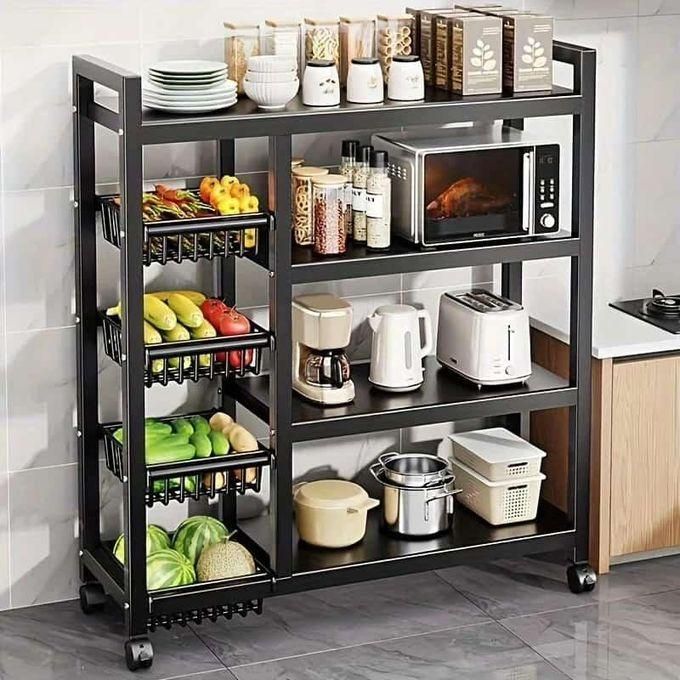 Multifunctional Strong metallic Kitchen rack with movable & lockable wheels, Dimensions: 90×32*135cm (L X W X H), Multicolor