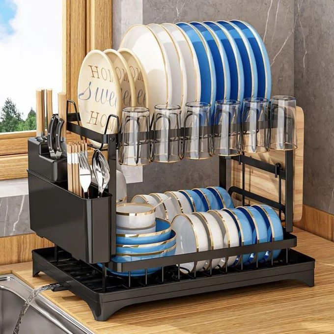 Classy High Quality 2-Tier Dish Rack - Carbon Steel Dish Drainer with Cutlery Holder & Chopping Board Rack
