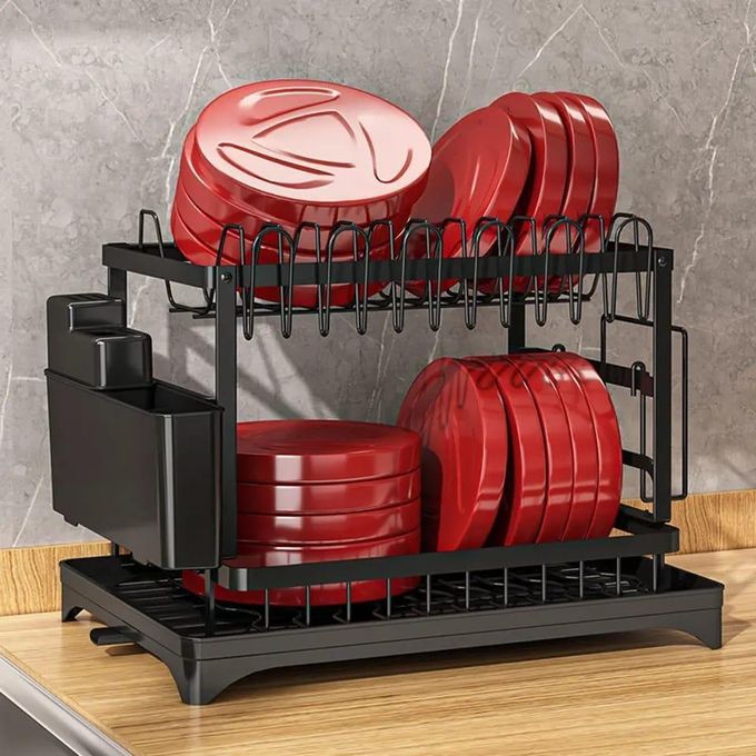 Classy High Quality 2-Tier Dish Rack - Carbon Steel Dish Drainer with Cutlery Holder & Chopping Board Rack