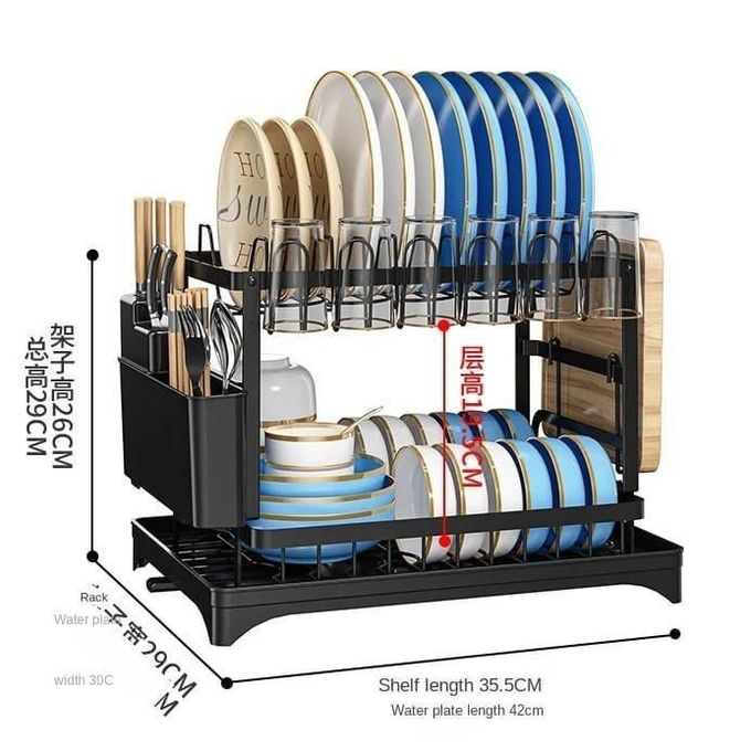 Classy High Quality 2-Tier Dish Rack - Carbon Steel Dish Drainer with Cutlery Holder & Chopping Board Rack