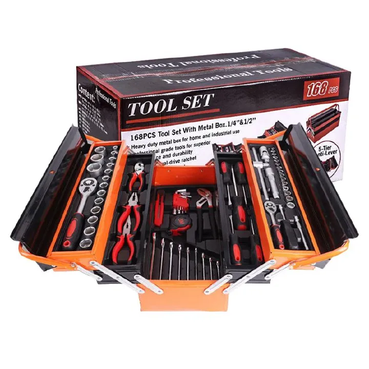 Auto Repair Workshop 5 Layer Metal Box Professional 168 Pieces Mechanic Socket Ratchet Wrench Hand Tool Kit