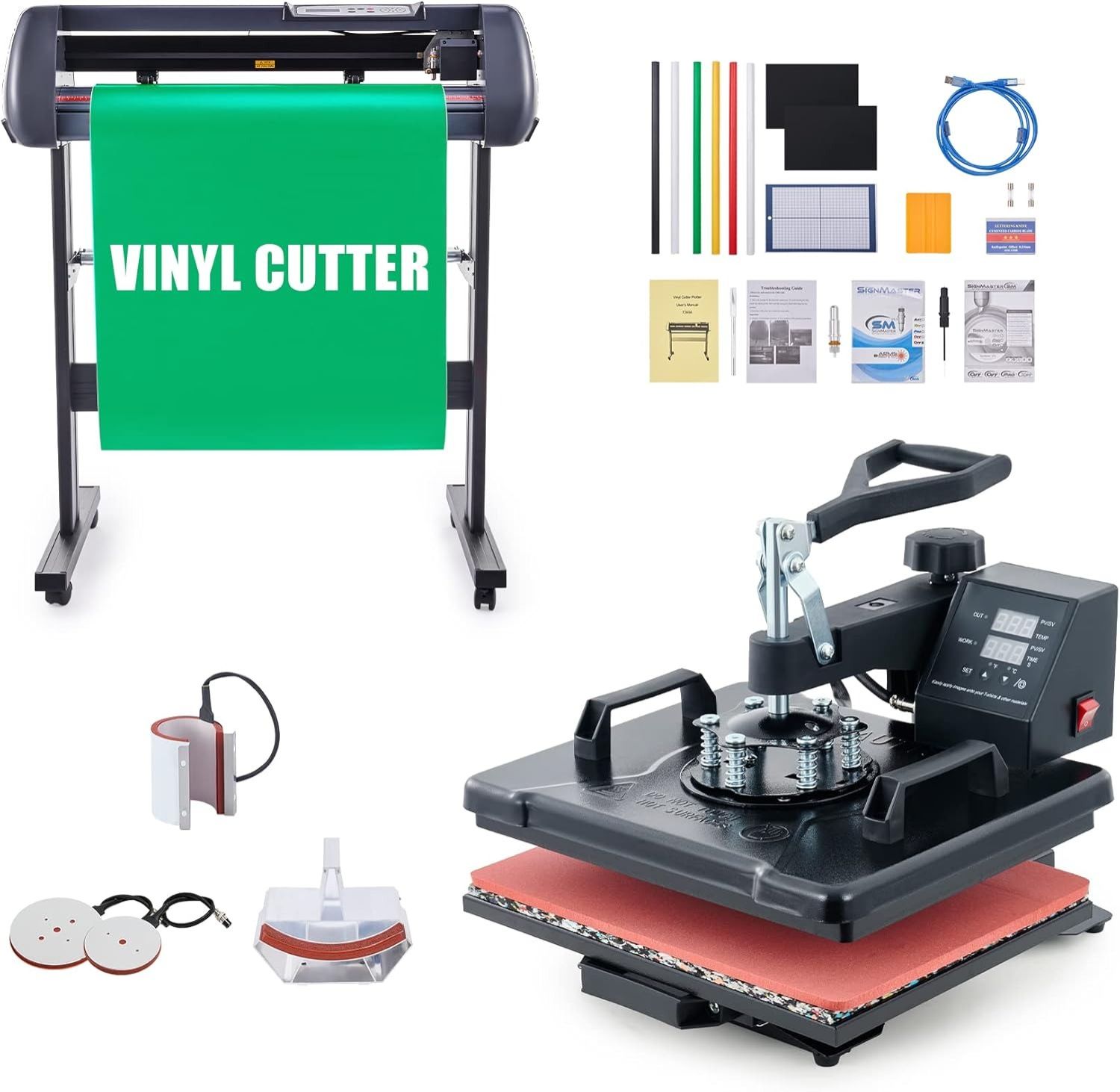 Combo Branding Kit: Heat Press And Vinyl Cutter Combo, 30x38 Cm Heat Transfer And Vinyl Plotter, 12"X15" T-Shirt Heat Press Machine With 8 In1 Plate Cap Mug Press 28mm Vinyl Cutter For Home Business D