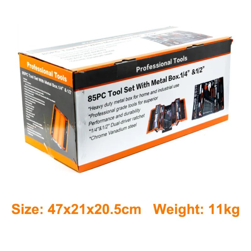 85-Piece Hardware Tool Box Set Metal Box for Household and Car Repair Includes Ratchet Wrench Pliers