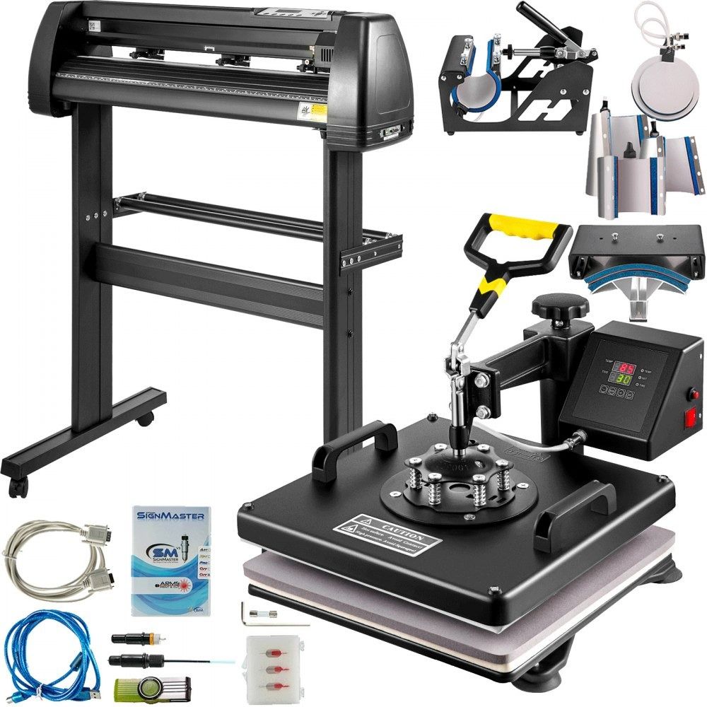 8-in-1 Heat Press Machine (12"x15") + 2 Feet Vinyl Cutter/Plotter – Complete Printing Combo for T-Shirts, Mugs, Caps & Stickers Business Starter Kit Ideal for Custom Apparel, Gift Items & Branding