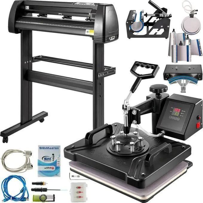 Combo Branding Kit: Heat Press And Vinyl Cutter Combo, 30x38 Cm Heat Transfer And Vinyl Plotter, 12"X15" T-Shirt Heat Press Machine With 8 In1 Plate Cap Mug Press 28mm Vinyl Cutter For Home Business D