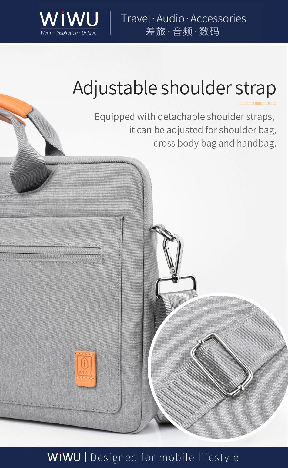 WIWU Pioneer Shoulder Bag Waterproof & Shockproof For 15 inch Laptop/ Ultrabook Grey