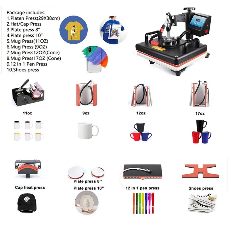 10 in 1 Combo Heat Press Machine Sublimation Machine for T shirt Mug Hat Plate Pen Shoes