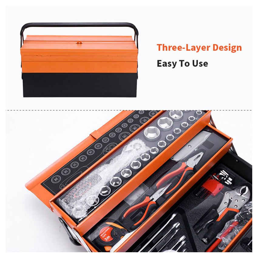 85-piece 20V Household and Automotive Metal Manual Toolbox Set Includes Ratchet Wrenches and Pliers