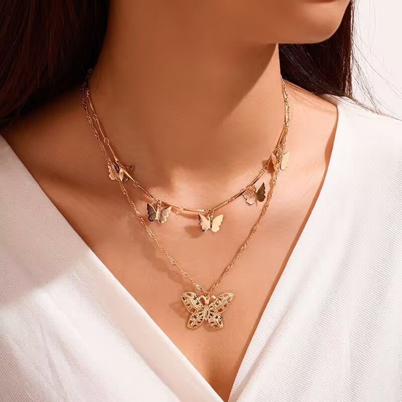 Women's Fashion Necklaces Double-Deck With Hollow Beautiful Butterflies Elegant Women Jewelry Pendant Necklaces
