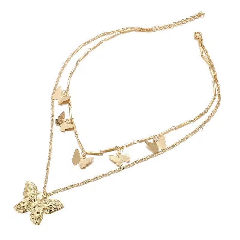 Women's Fashion Necklaces Double-Deck With Hollow Beautiful Butterflies Elegant Women Jewelry Pendant Necklaces